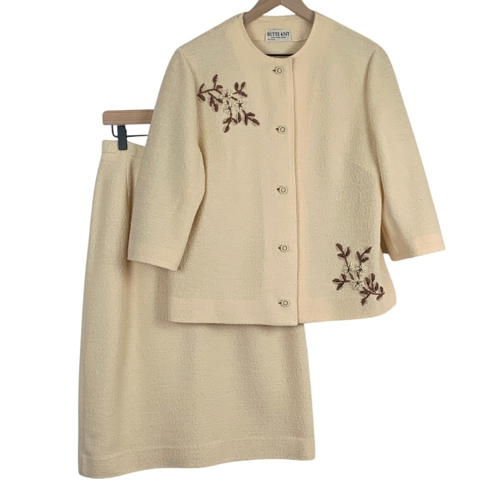 VTG Butte 100% Pure Wool Knit Skirt Suit Sz L Ivory Embroidered Floral Textured